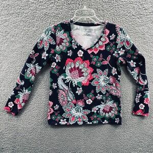 Talbots Womens Top Sp Petite Dark Floral Stretch Knit Polished Everyday V Neck